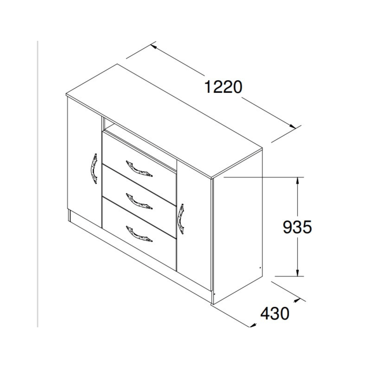 Cómoda 3 Cajones 2 Puertas 122x94x43 cm Multicolor