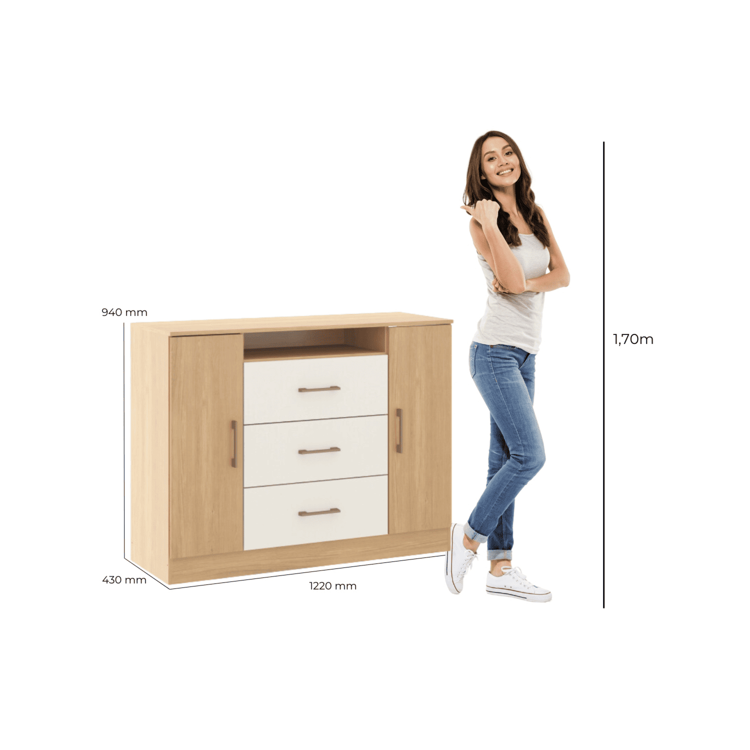 Cómoda 3 Cajones 2 Puertas 122x94x43 cm Multicolor