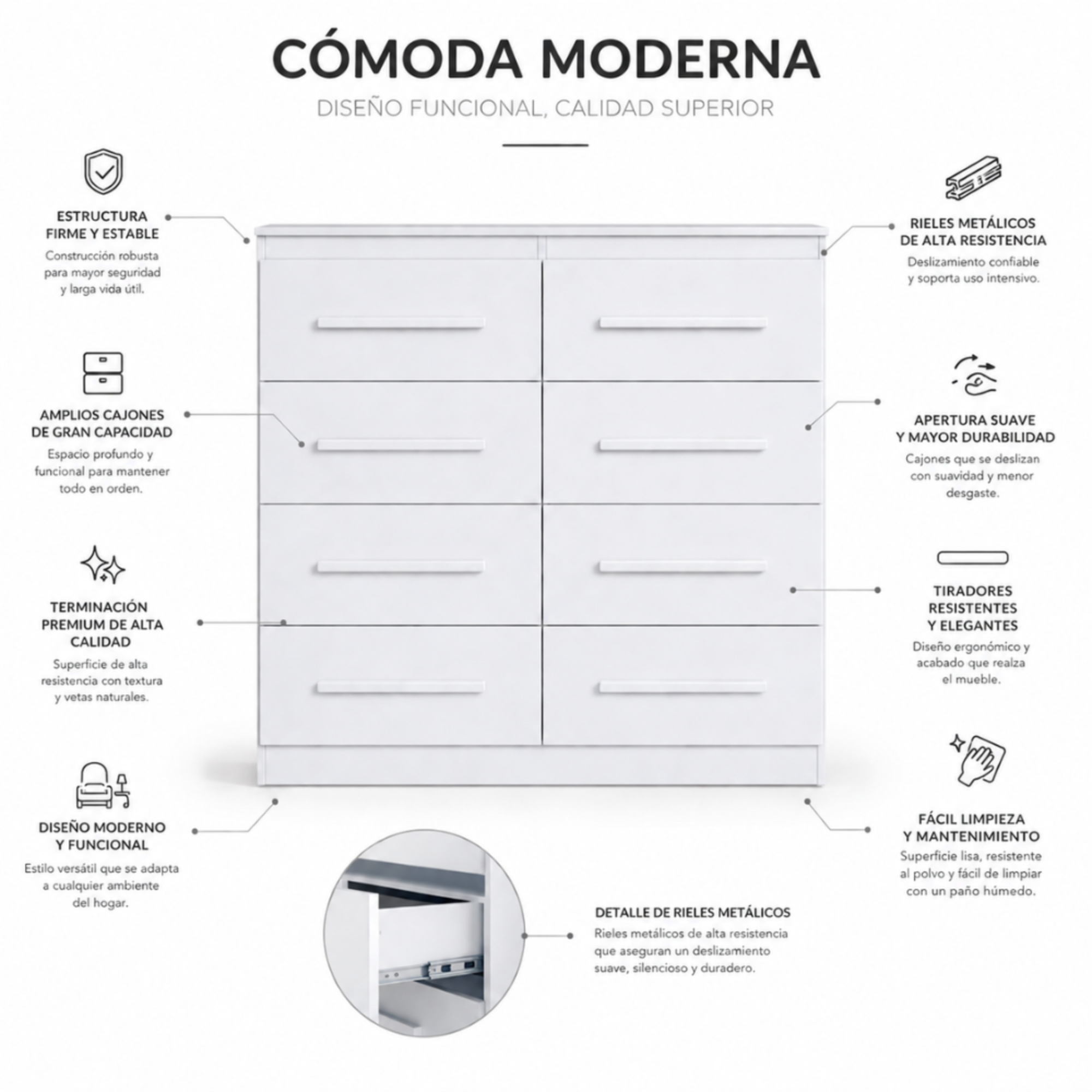 Cómoda 8 Cajones Arizona Plus Blanca Correderas Metálicas