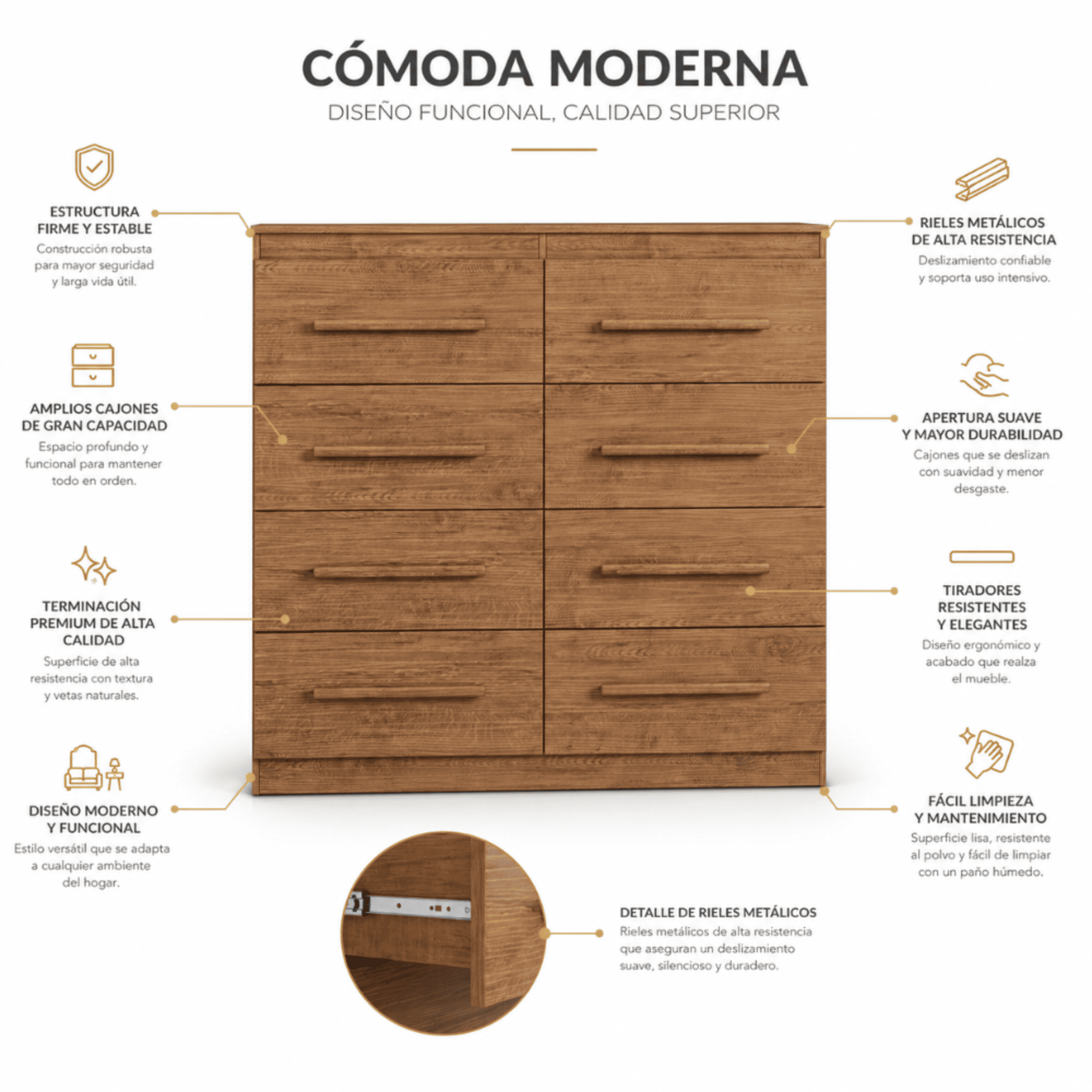 Cómoda 8 Cajones Arizona Plus Nogueira Correderas Metálicas