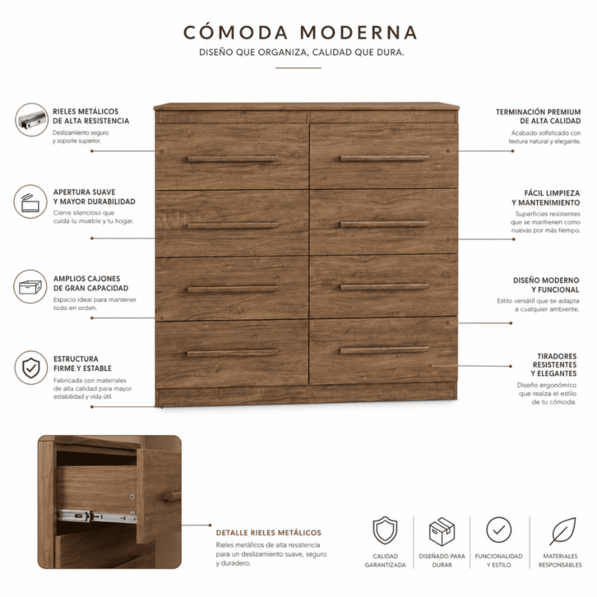 Cómoda 8 Cajones Arizona Plus Castaño Correderas Metálicas