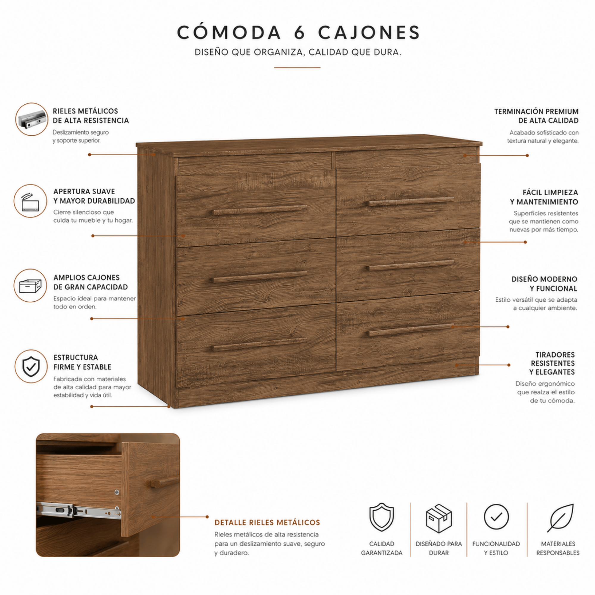 Cómoda Arizona 6 Cajones Castanho  Correderas Telescópica